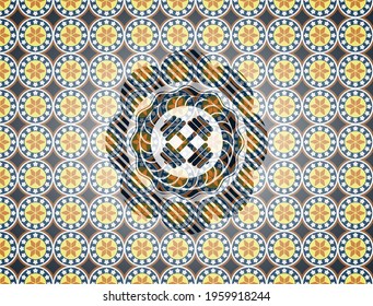 dumbbell icon inside arabesque emblem background. arabic decoration. 
