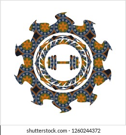 dumbbell icon inside arabesque style emblem. arabic decoration.