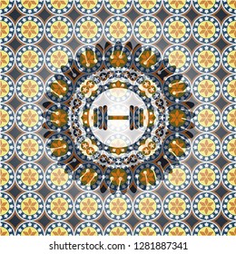 dumbbell icon inside arabesque style badge. arabic decoration.