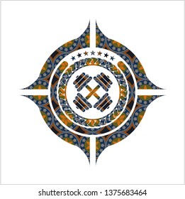 dumbbell icon inside arabesque style emblem. arabic decoration.