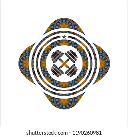 dumbbell icon inside arabic badge. Arabesque decoration.