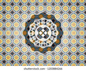 dumbbell icon inside arabic badge. Arabesque decoration.