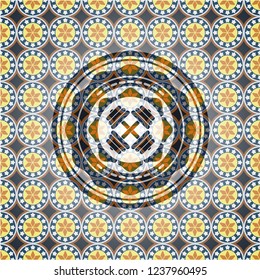 dumbbell icon inside arabic badge background. Arabesque decoration.