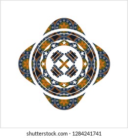 dumbbell icon inside arabic badge. Arabesque decoration.