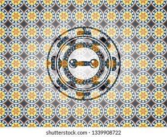 dumbbell icon inside arabic badge. Arabesque decoration.