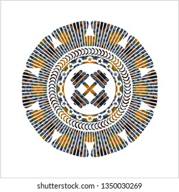 dumbbell icon inside arabic badge background. Arabesque decoration.