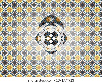 dumbbell icon inside arabic badge. Arabesque decoration.