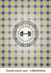 dumbbell icon inside arabic badge background. Arabesque decoration.