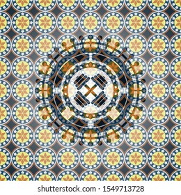dumbbell icon inside arabic badge background. Arabesque decoration.