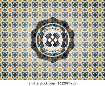 dumbbell icon inside arabic badge. Arabesque decoration.
