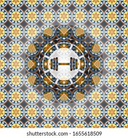dumbbell icon inside arabic badge background. Arabesque decoration.
