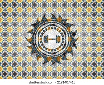 dumbbell icon inside arabic badge background. Arabesque decoration. 