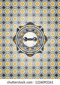 dumbbell icon inside arabic emblem background. Arabesque decoration.