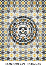 dumbbell icon inside arabic emblem background. Arabesque decoration.