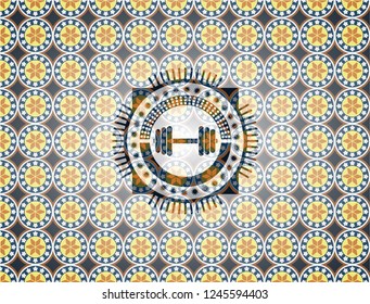 dumbbell icon inside arabic emblem background. Arabesque decoration.
