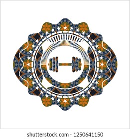 dumbbell icon inside arabic emblem background. Arabesque decoration.