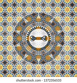 dumbbell icon inside arabic emblem. Arabesque decoration.