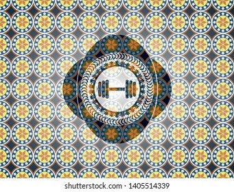 dumbbell icon inside arabic emblem. Arabesque decoration.