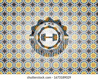 dumbbell icon inside arabic emblem. Arabesque decoration.