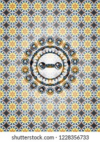 dumbbell icon inside arabic style emblem. Arabesque decoration.