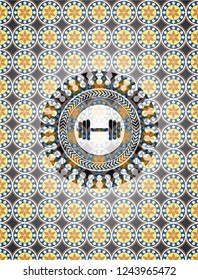 dumbbell icon inside arabic style badge. Arabesque decoration.