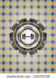 dumbbell icon inside arabic style emblem. Arabesque decoration.