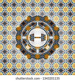 dumbbell icon inside arabic style badge. Arabesque decoration.