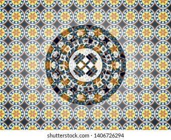 dumbbell icon inside arabic style badge. Arabesque decoration.