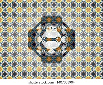 dumbbell icon inside arabic style emblem. Arabesque decoration.