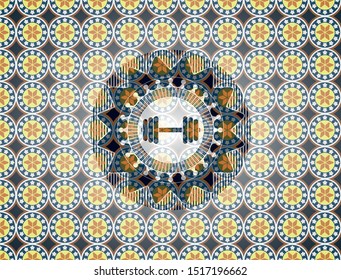 dumbbell icon inside arabic style emblem. Arabesque decoration.