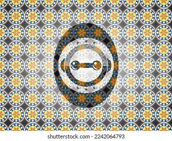dumbbell icon inside arabic style badge. Arabesque decoration. 