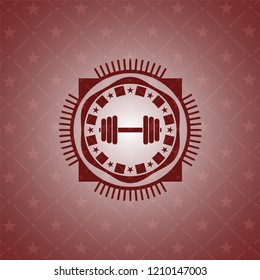 dumbbell icon inside badge with red background