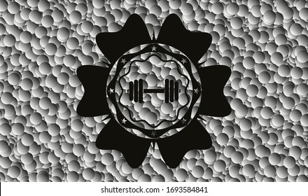 dumbbell icon inside black badge with bubbles background. Vector Illustration. Detailed.
