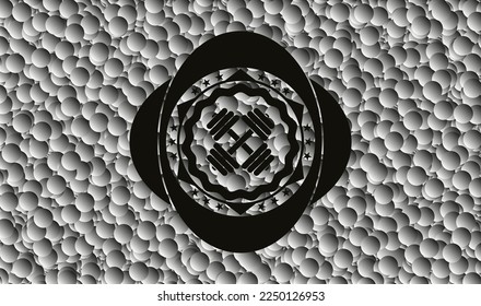 icono de timbre dentro del emblema negro con fondo de burbujas grises. Vintage. Ilustración vectorial. Detallado. 