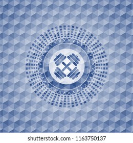 dumbbell icon inside blue badge with geometric pattern.