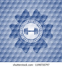 dumbbell icon inside blue badge with geometric background.