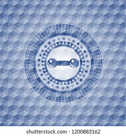 dumbbell icon inside blue badge with geometric pattern.