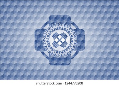 dumbbell icon inside blue badge with geometric background.