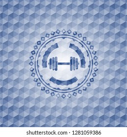 dumbbell icon inside blue badge with geometric pattern.