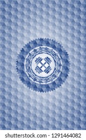 dumbbell icon inside blue badge with geometric pattern.