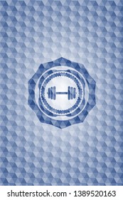 dumbbell icon inside blue badge with geometric pattern.
