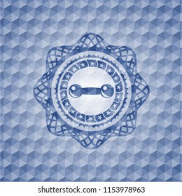 dumbbell icon inside blue emblem with geometric background.