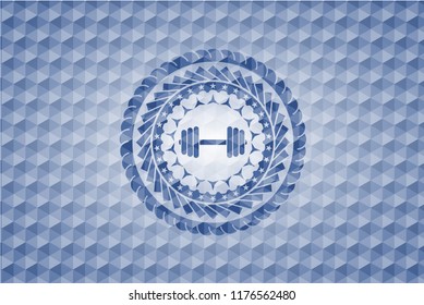 dumbbell icon inside blue emblem or badge with geometric pattern background.