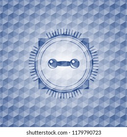 dumbbell icon inside blue emblem or badge with abstract geometric pattern background.