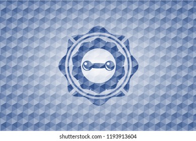 dumbbell icon inside blue emblem or badge with abstract geometric pattern background.