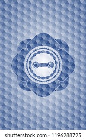 dumbbell icon inside blue emblem or badge with abstract geometric pattern background.