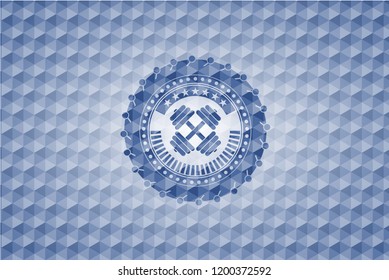dumbbell icon inside blue emblem with geometric pattern.