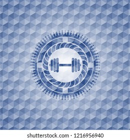 dumbbell icon inside blue emblem with geometric pattern.