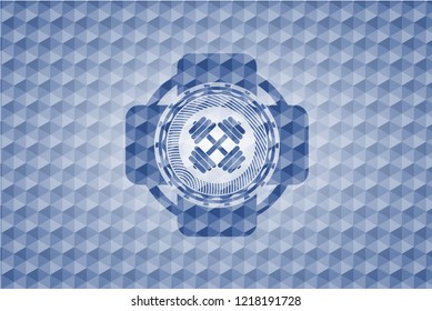dumbbell icon inside blue emblem or badge with geometric pattern background.
