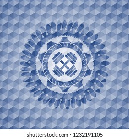 dumbbell icon inside blue emblem or badge with abstract geometric pattern background.